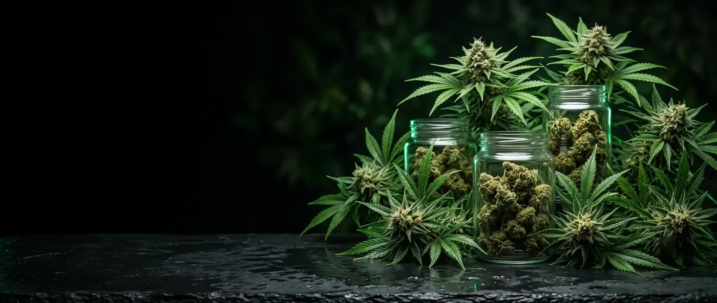 Cogollos de cannabis en tarros de cristal y plantas sobre fondo oscuro