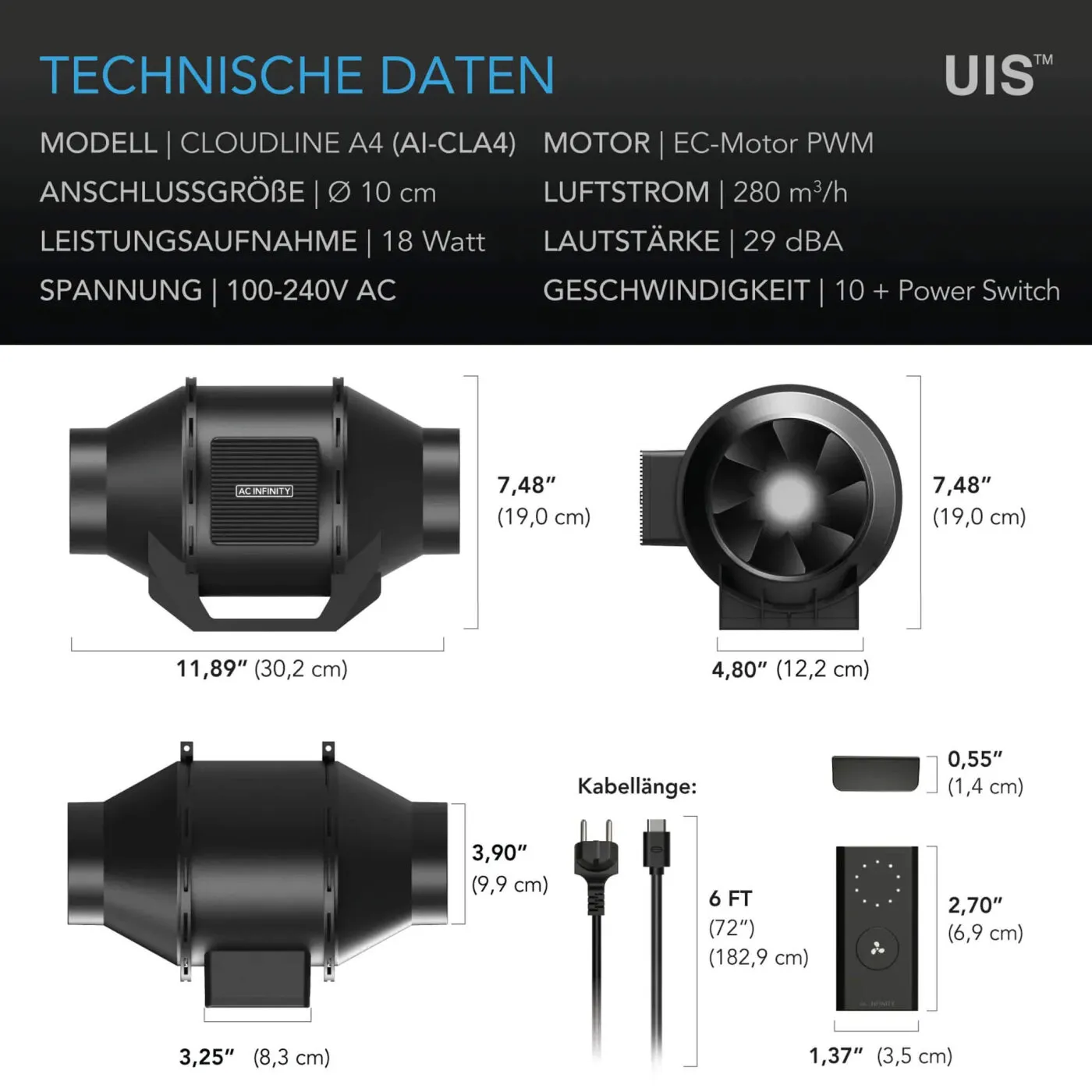 CLOUDLINE LITE A4 – Extractor de conducto EC 100 mm