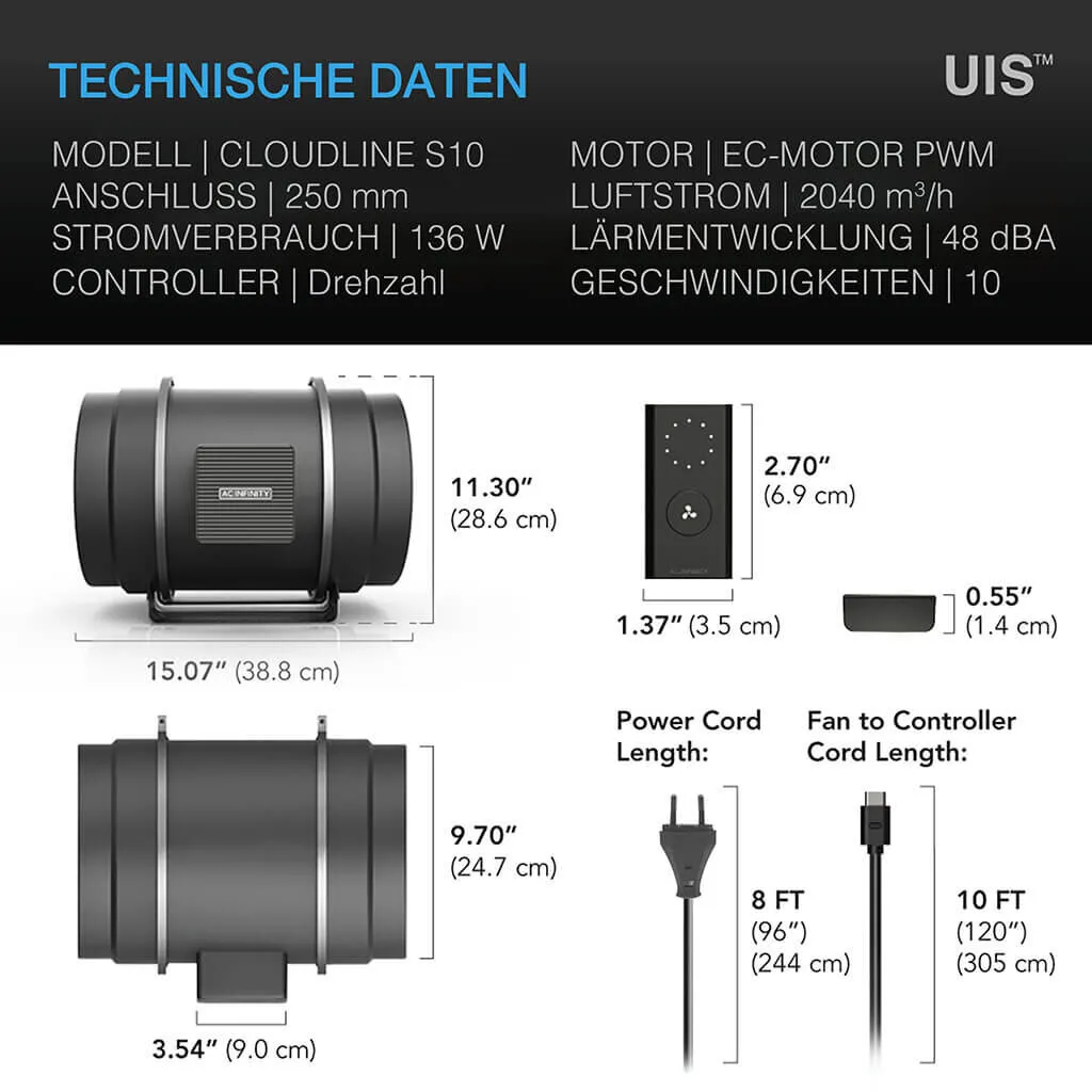 CLOUDLINE PRO S10 – Extractor de conducto EC 250 mm