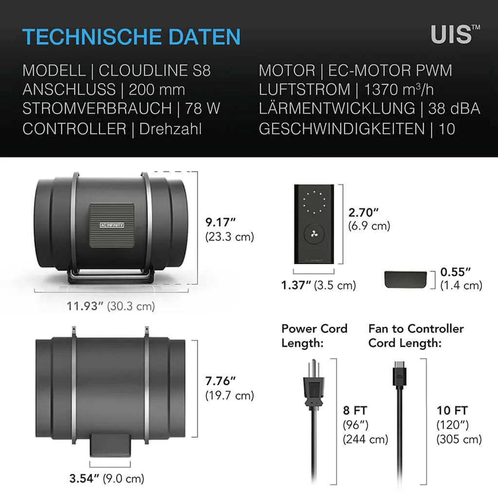 CLOUDLINE PRO S8 – Extractor de conducto EC 200 mm
