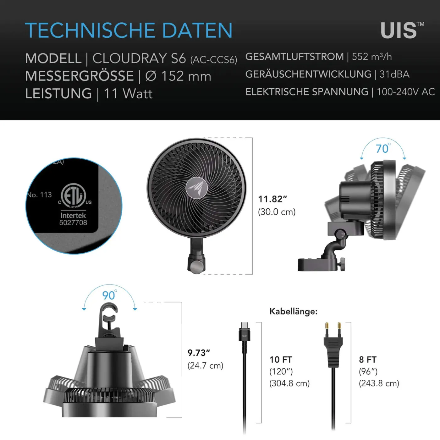 CLOUDRAY S6 Gen 2 – Ventilador de clip EC oscilante 150 mm