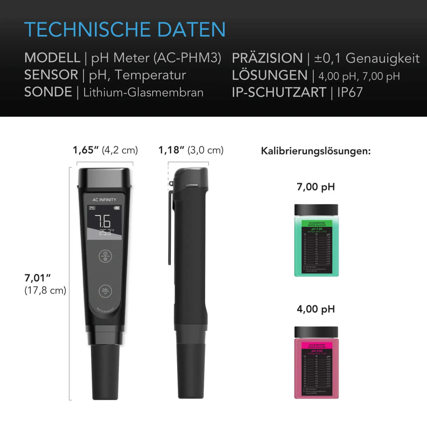 Kit medidor de pH digital IP67 con sonda y calibración