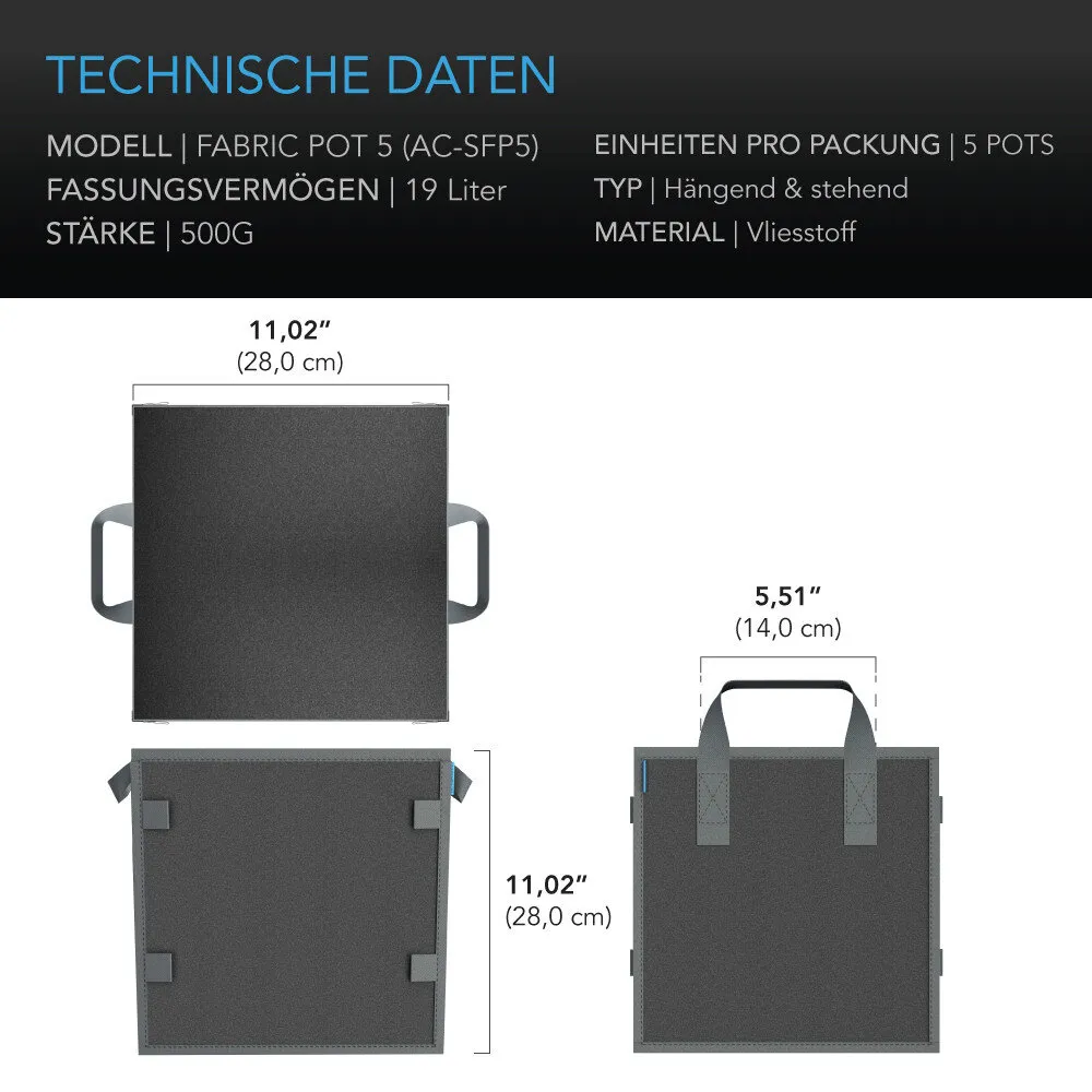 Maceta textil cuadrada 11 L (pack 5)