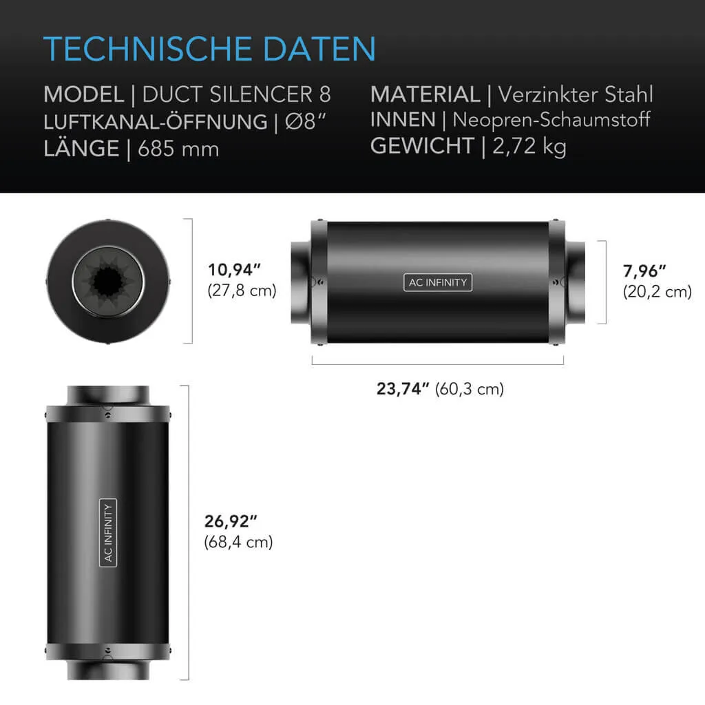 Silenciador de conducto 200 mm – 68,6 cm de longitud
