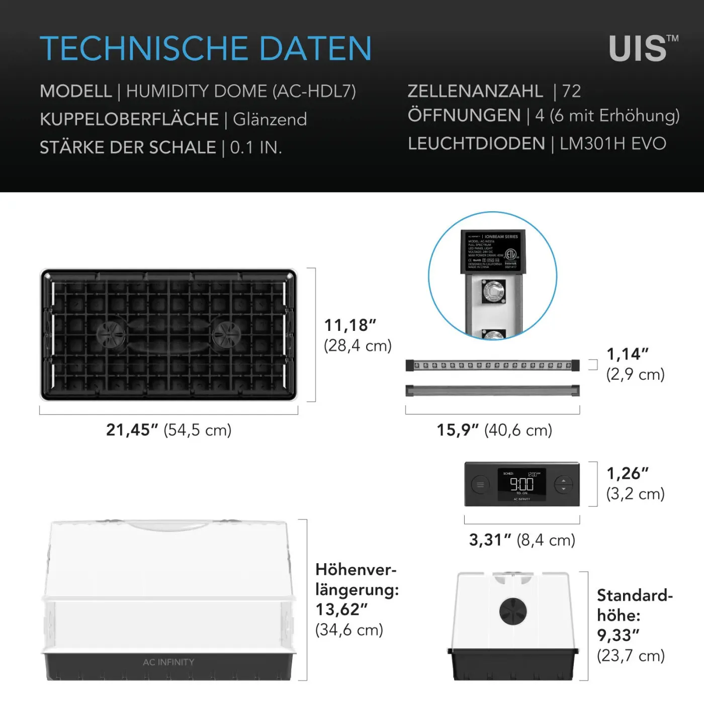 Propagador con extensión de altura y LED – bandeja 6×12