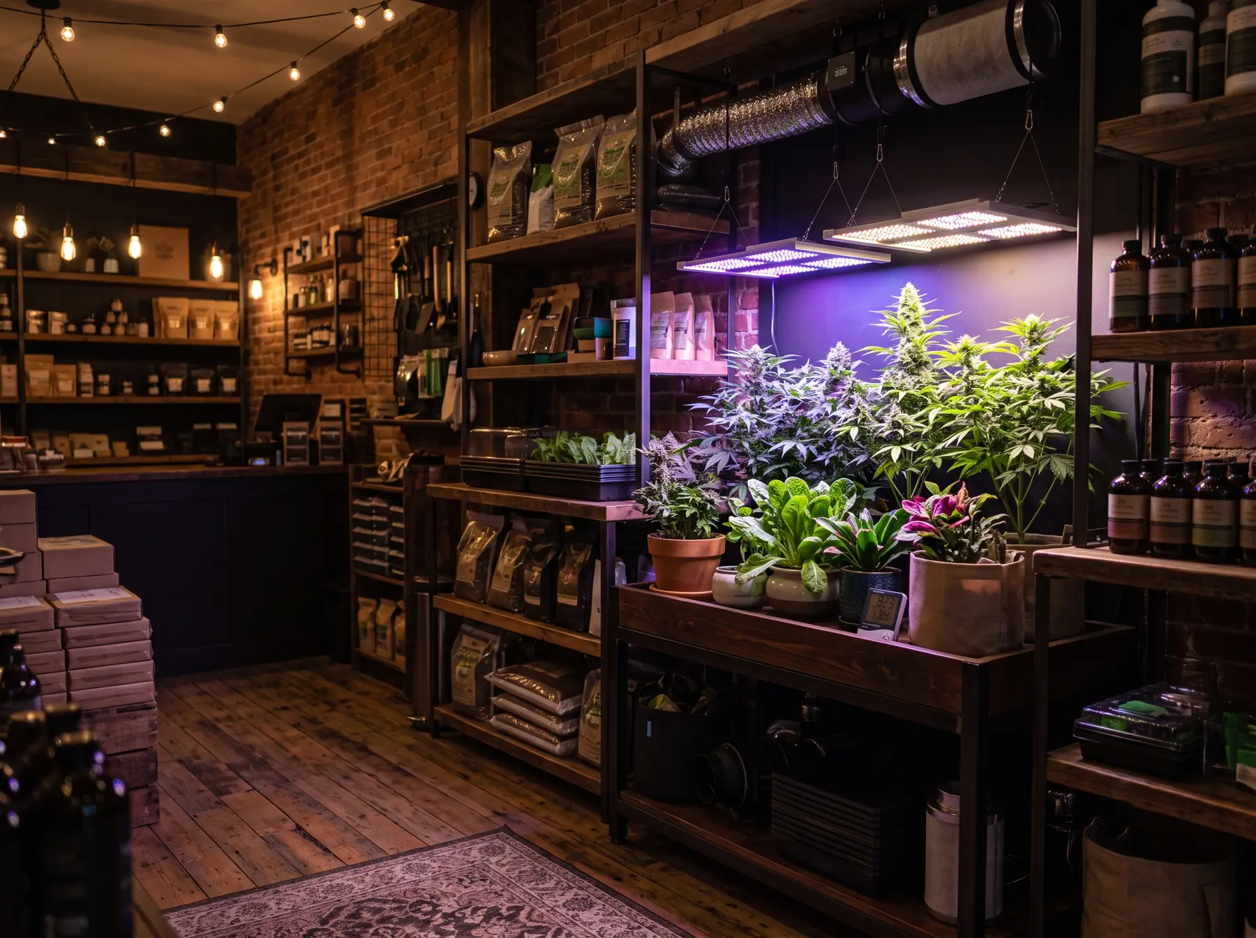 Interior de The Green Walker Store: plantas bajo iluminación LED y material de cultivo en Vitoria-Gasteiz